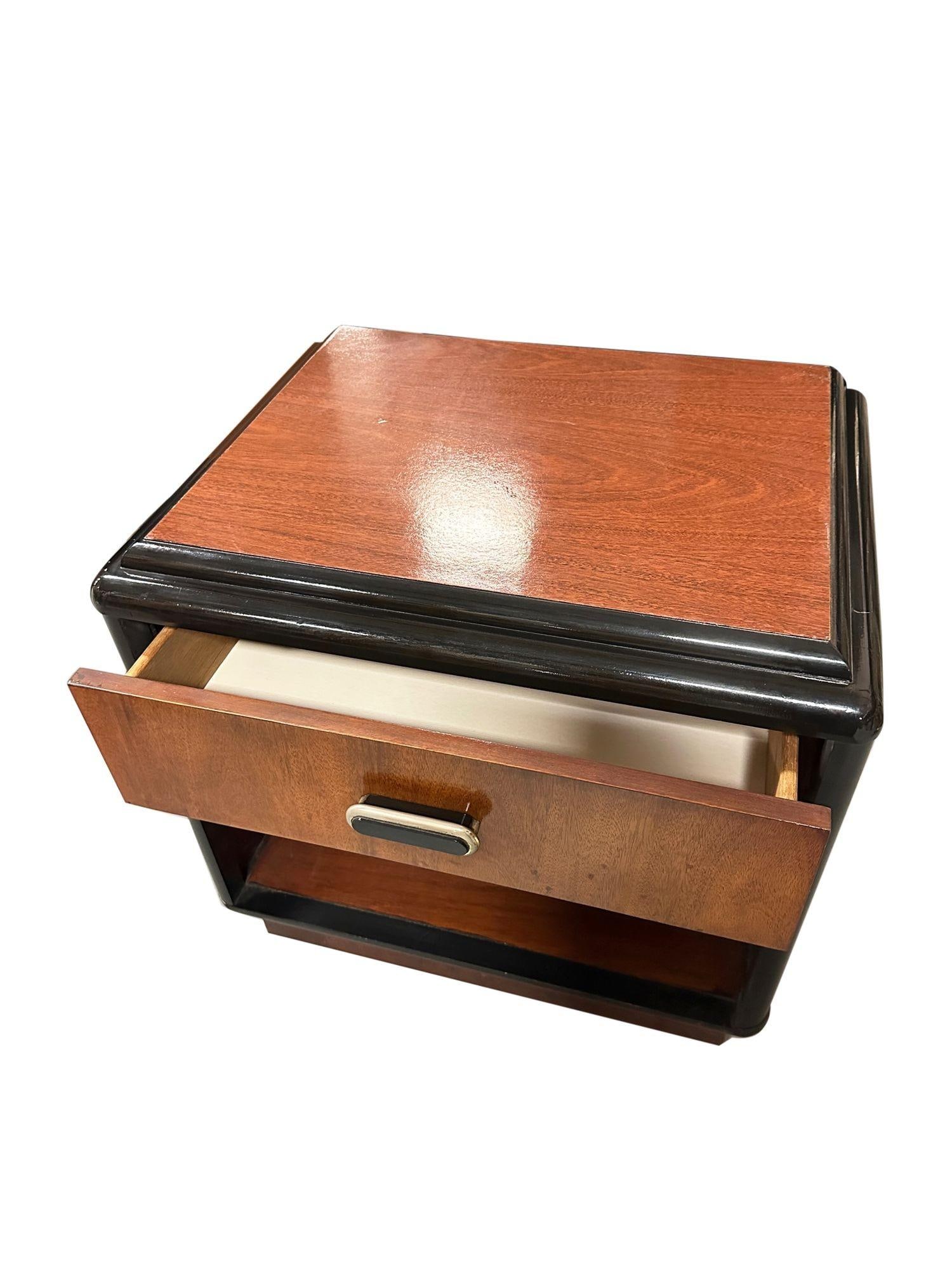 Pair of Two Toned Art Deco Cherry Wood & Lacquer Bedside Tables w/ Stepped Top - 2