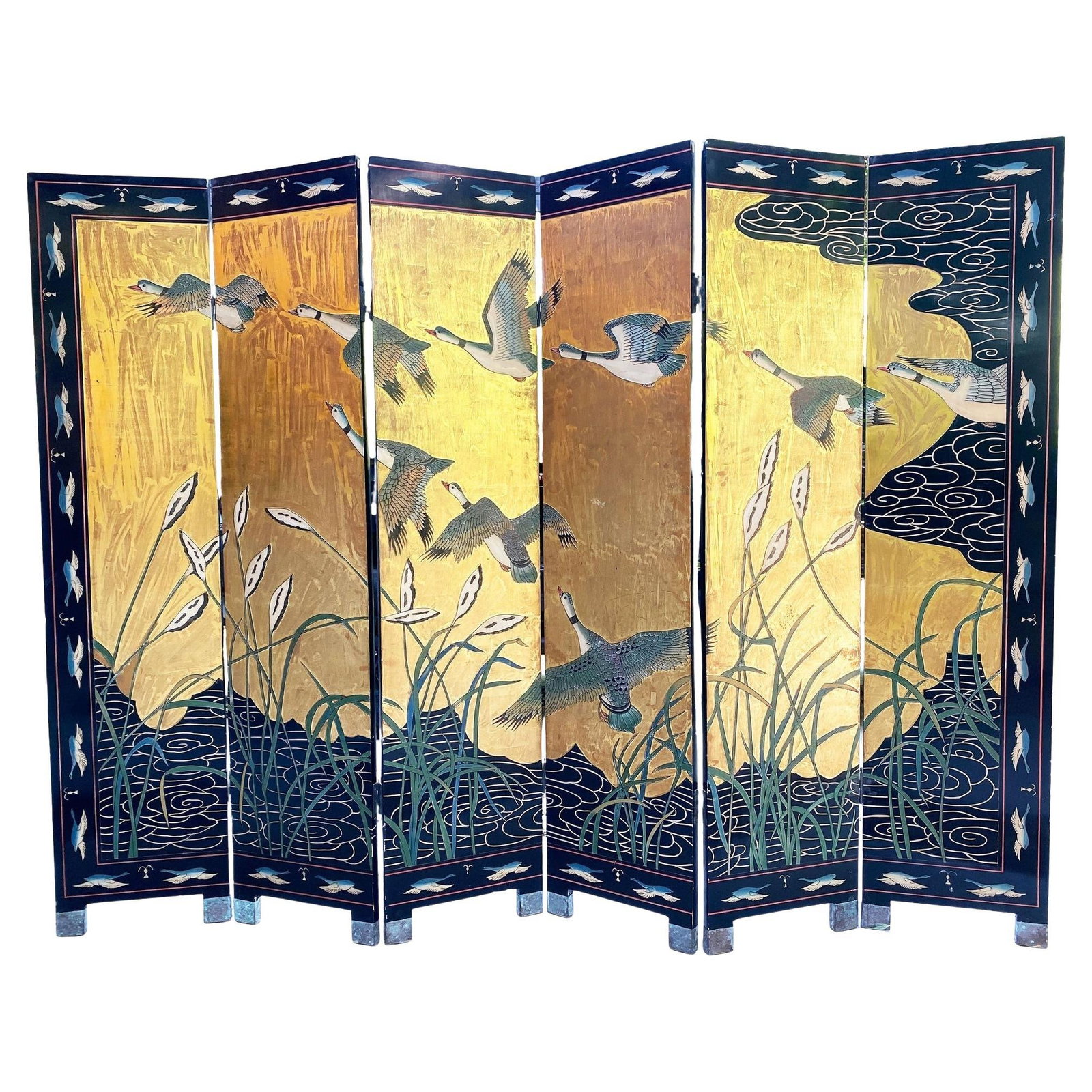 MCM Chinese Export Hand Gilded 6-Panel Geese Coromandel Screen Room Divider: Title: MCM Chinese Export Hand Gilded 6-Panel Geese Coromandel Screen Room Divider Description: This spectacular Mid-century era Chinese export is an incised, hand-painted Coromandel Screen which depi