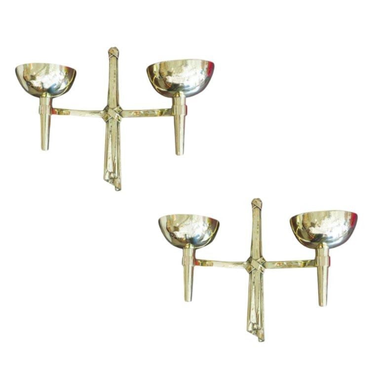 Neo-Antique Brass Wall Lamp Sconce Pair by Marc Du Plantier, 3 Pairs Available: Title: Neo-Antique Brass Wall Lamp Sconce Pair by Marc Du Plantier, 3 Pairs Available Description: Pair of Neo-antique wall lamps in metal and wrought iron, gilded with gold leaf. This model was desig