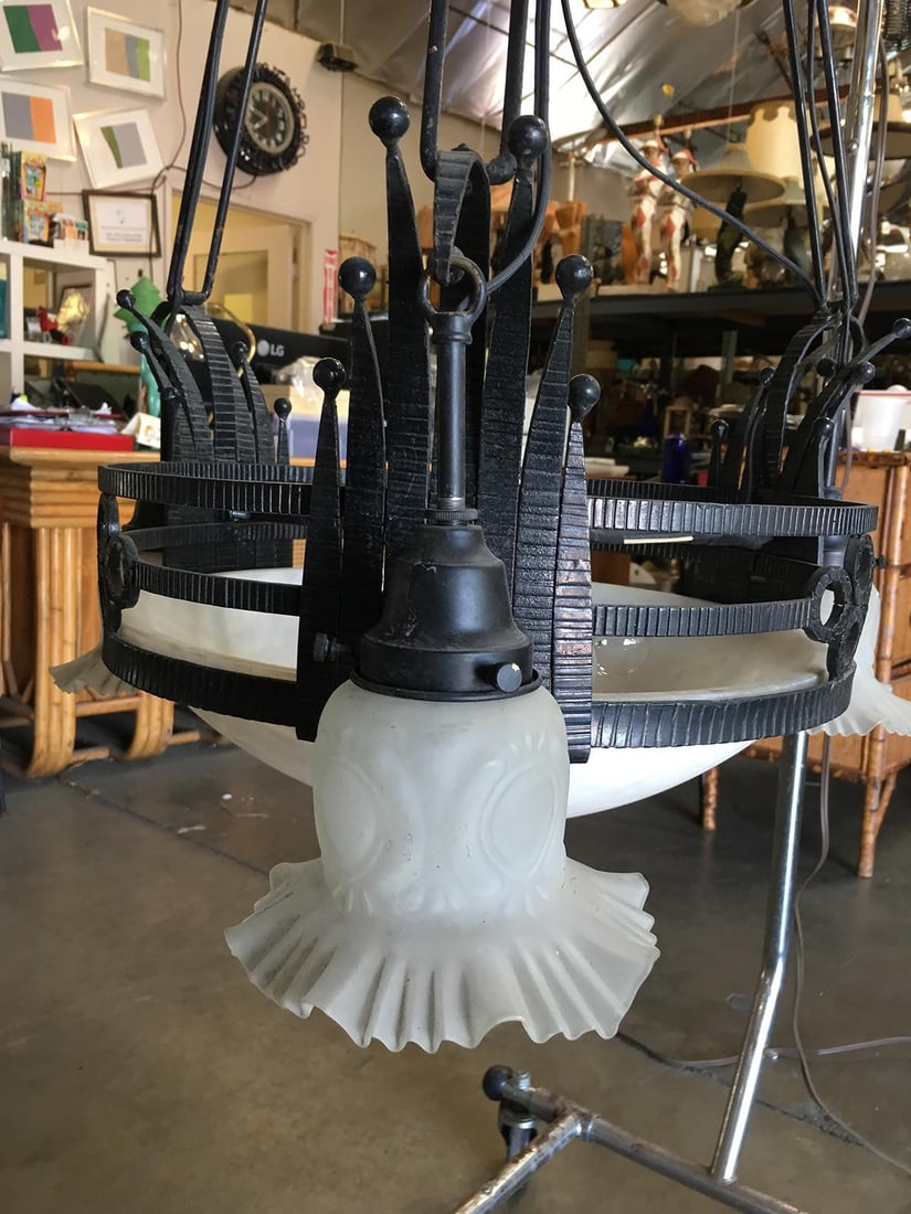 Black Iron Tole 6-Light Chandelier with Alabaster and Acid Patina - 4