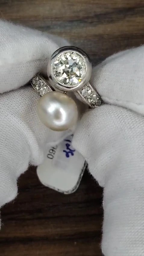 RARE GIA Certified Natural Saltwater Pearl Light Yellow Diamonds Ring 18kt *v - 2