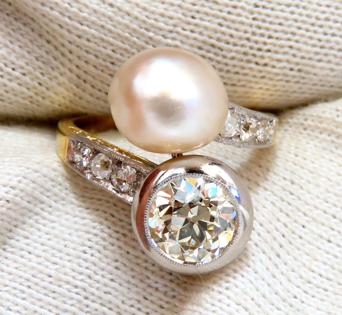RARE GIA Certified Natural Saltwater Pearl Light Yellow Diamonds Ring 18kt *v - 6