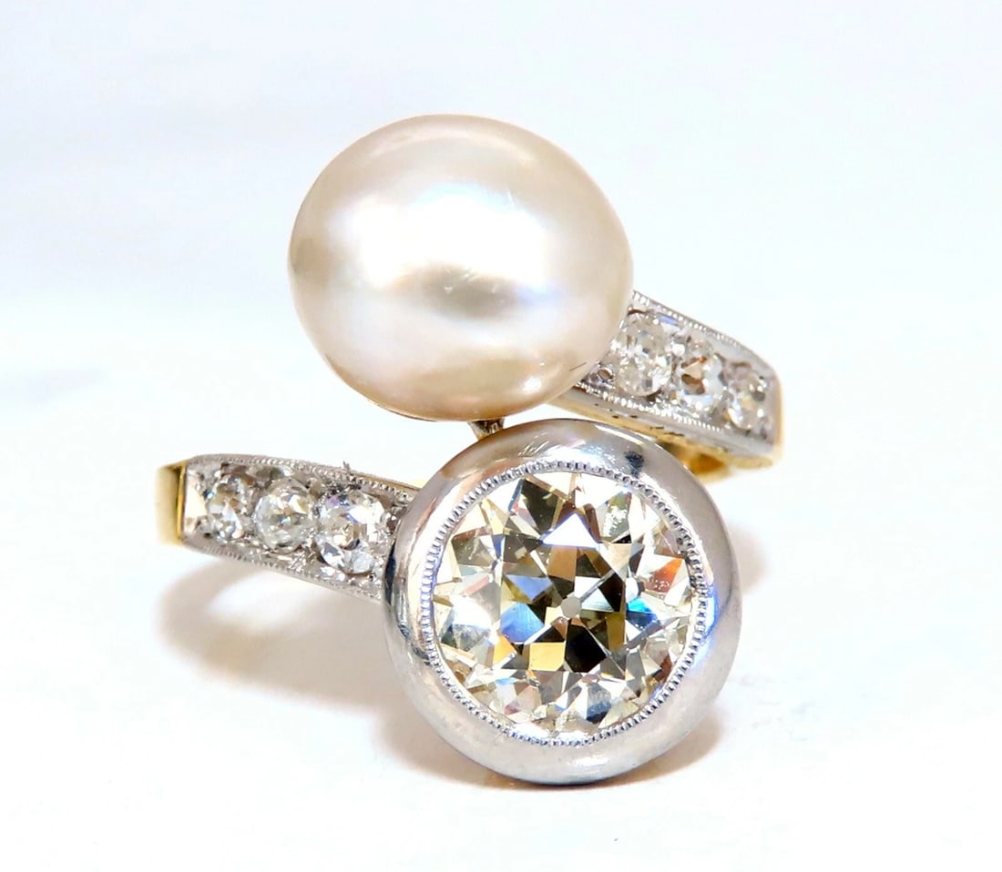 RARE GIA Certified Natural Saltwater Pearl Light Yellow Diamonds Ring 18kt *v - 7