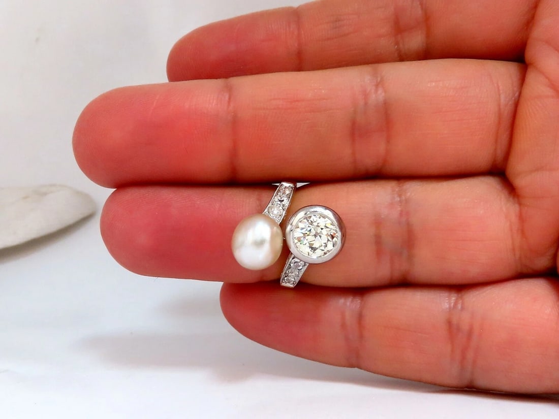 RARE GIA Certified Natural Saltwater Pearl Light Yellow Diamonds Ring 18kt *v - 8