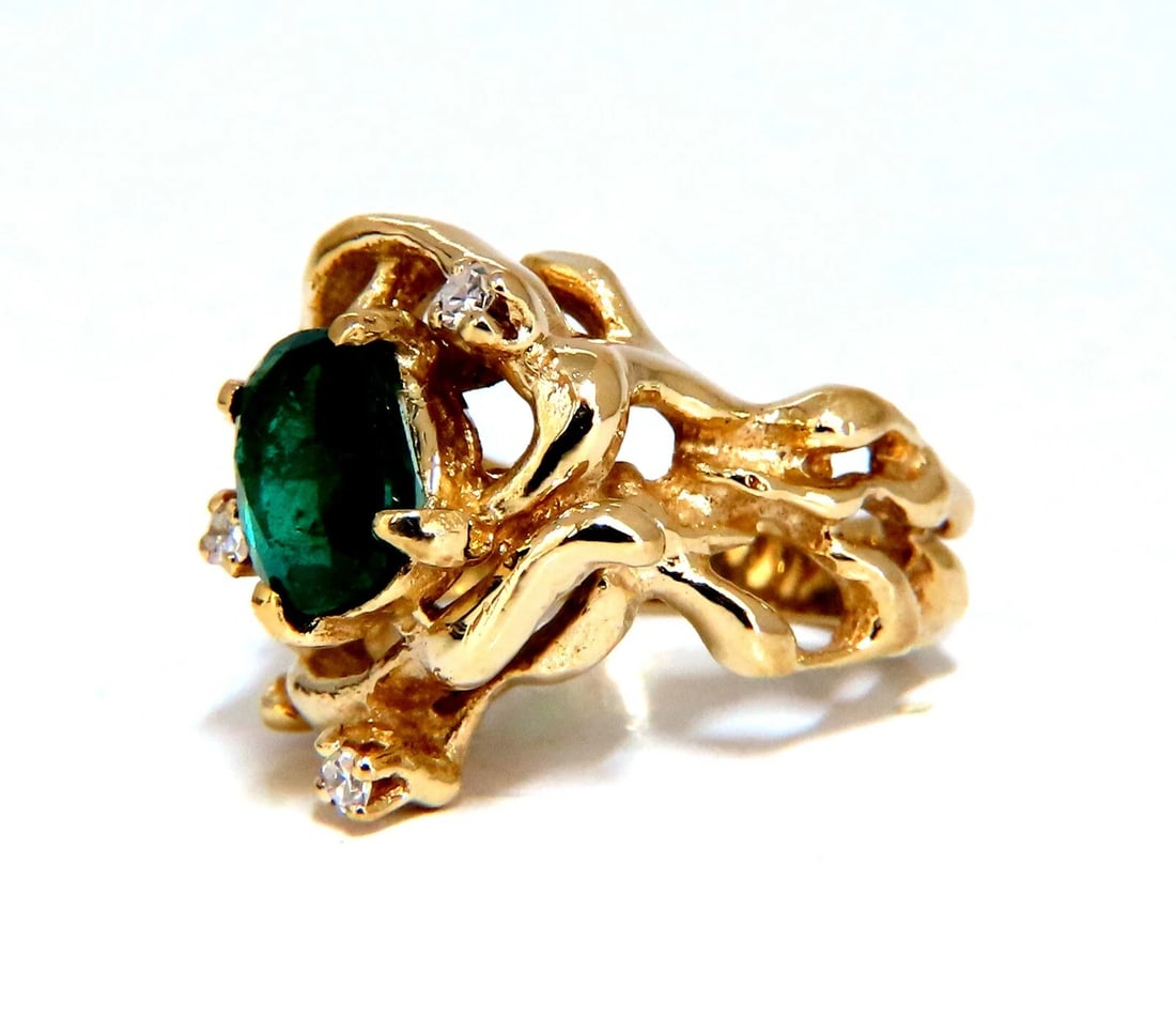 1.42ct Natural Vivid Green Emerald Diamonds Nugget Vine Ring 14kt** - 2