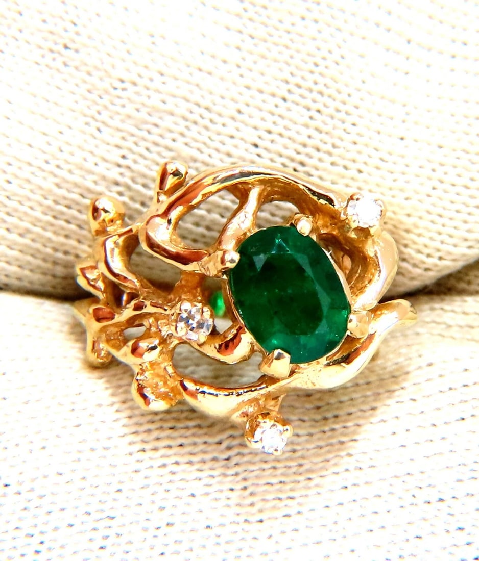 1.42ct Natural Vivid Green Emerald Diamonds Nugget Vine Ring 14kt** - 5