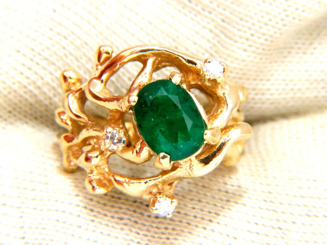1.42ct Natural Vivid Green Emerald Diamonds Nugget Vine Ring 14kt** - 7