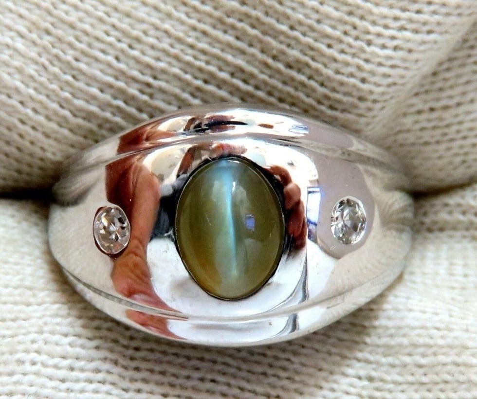 1.55ct.Natural Green Chrysoberyl Cats Eye Diamonds Ring 14 Karat 41974** - 6