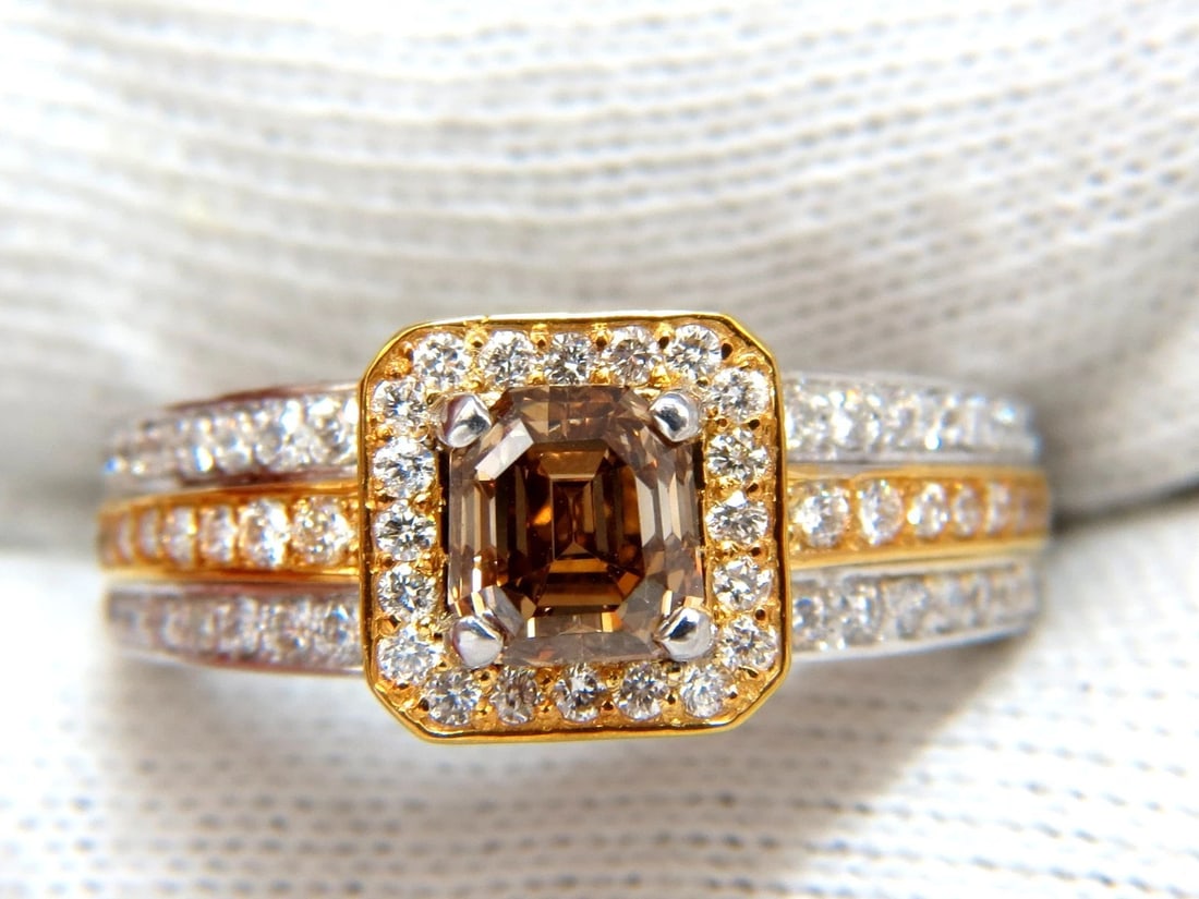1.60ct natural fancy yellow brown diamond raised halo mod deco ring 14kt** - 3
