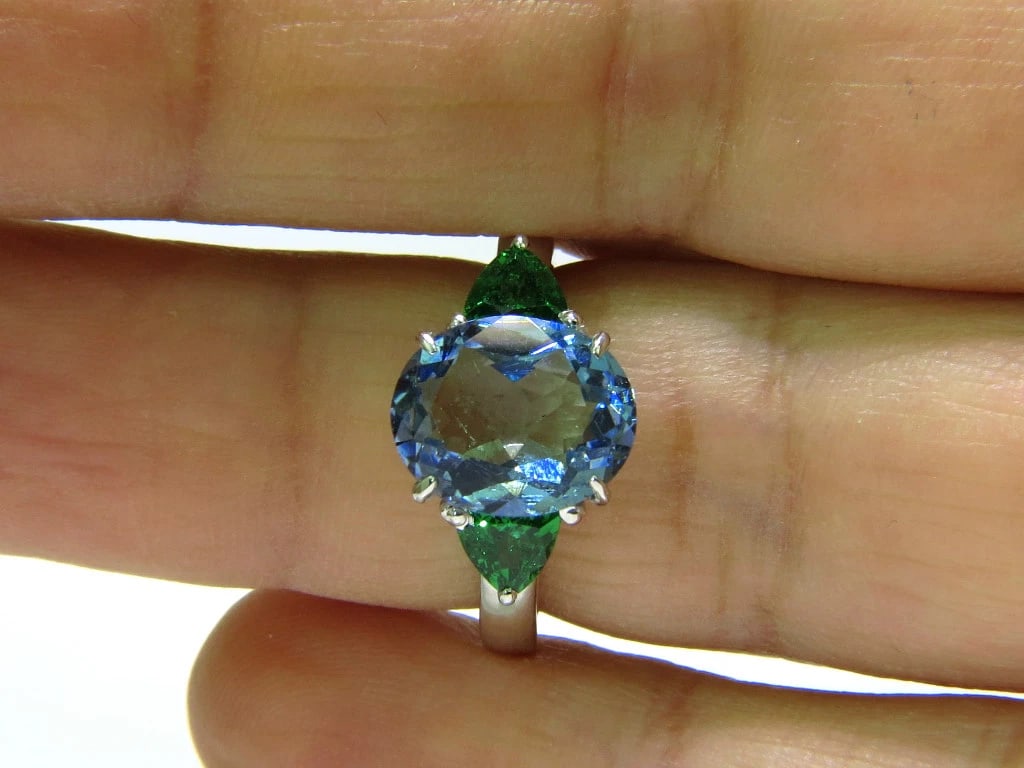3.98CT NATURAL AQUAMARINE TSAVORITE RING MODERN 3 14KT GOLD ** - 6