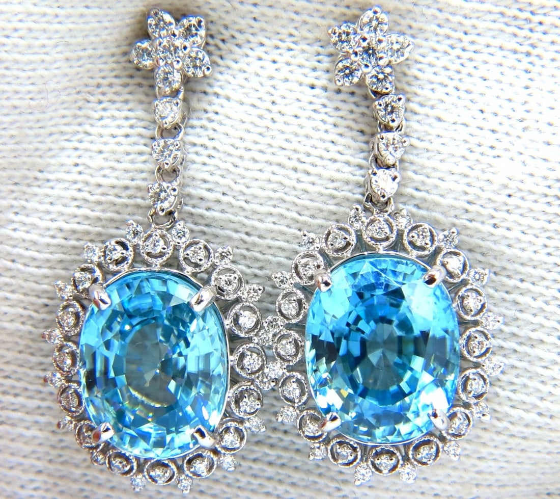 12.46ct Natural Bright vivid indigo blue zircon diamond earrings 14kt**: Title: 12.46ct Natural Bright vivid indigo blue zircon diamond earrings 14kt** Description: Edwardian Dangle Blues 11.46ct. Natural Blue Zircons & 1.00ct. Natural Diamond earrings. Blue Zircons of
