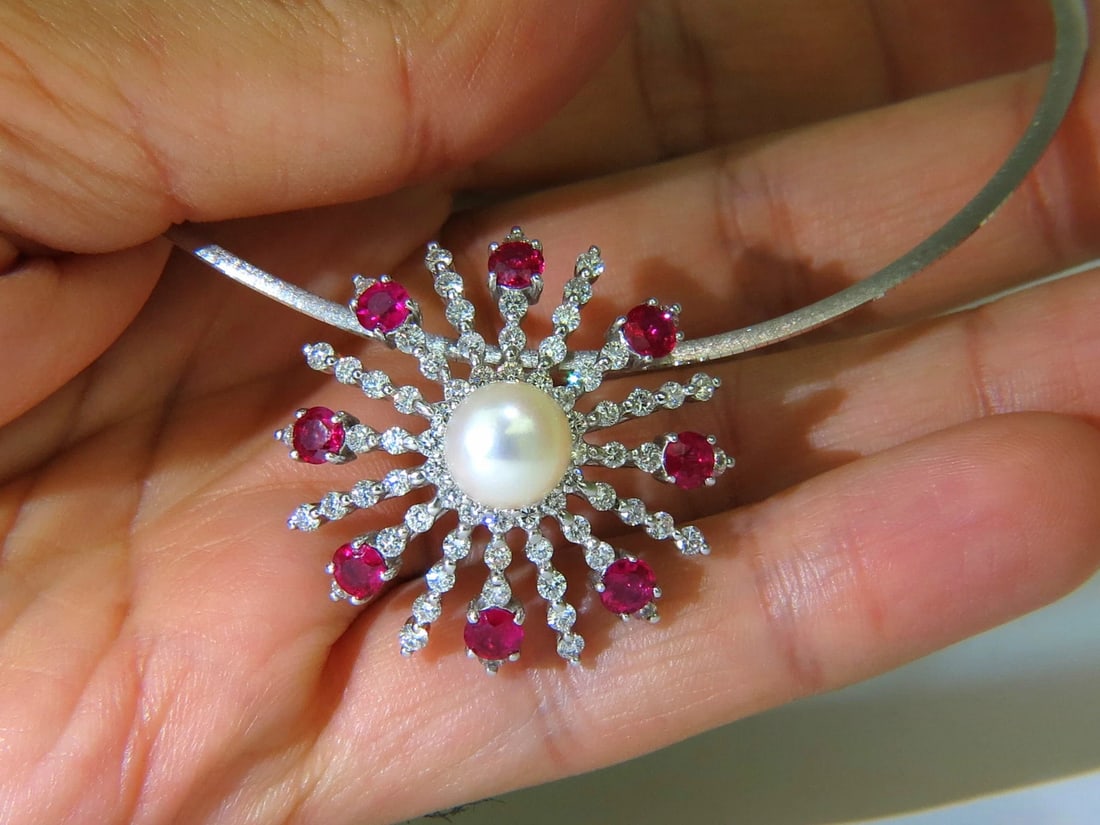 5.75CT NATURAL GEM RUBY DIAMOND 3D STAR BURST PEARL PENDANT ** - 12