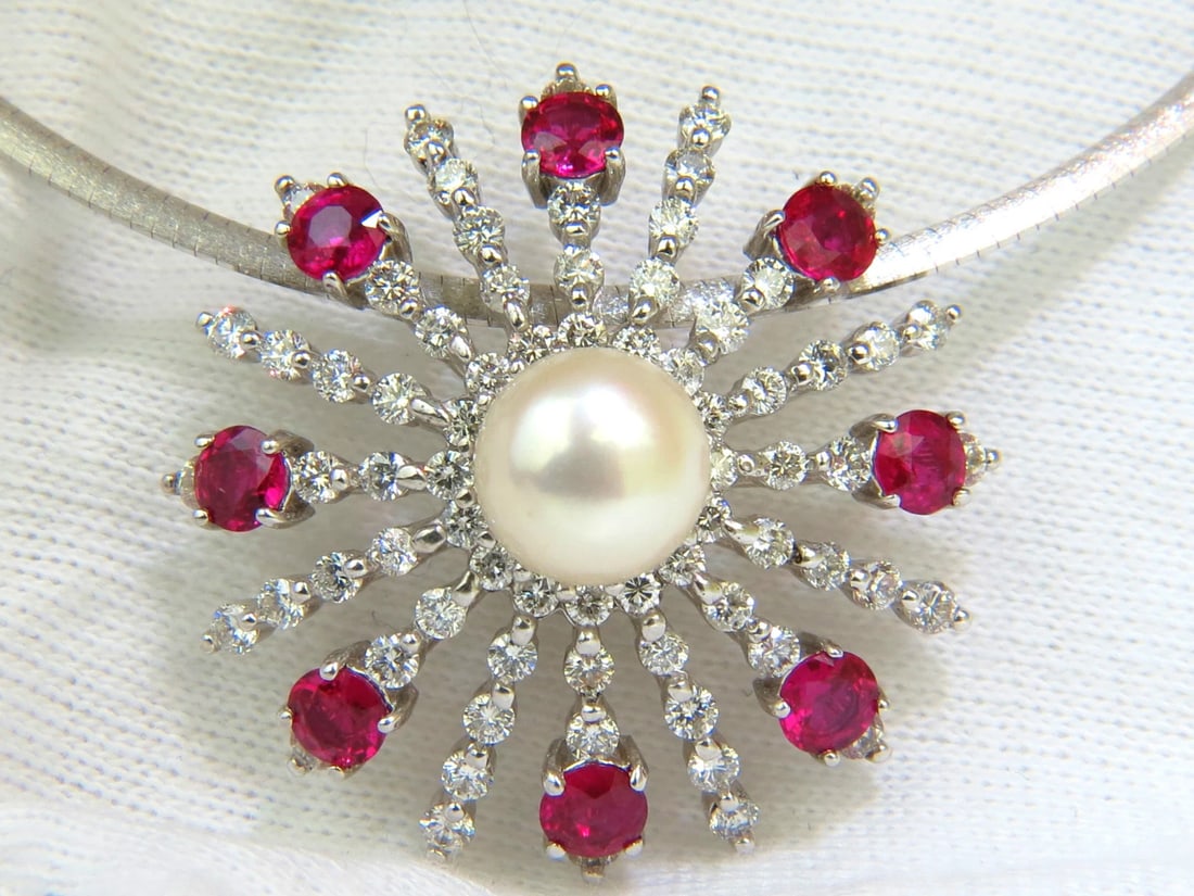 5.75CT NATURAL GEM RUBY DIAMOND 3D STAR BURST PEARL PENDANT ** - 2