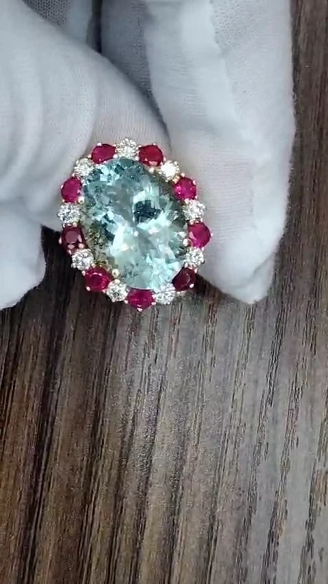 15.34ct Natural Aquamarine Ruby Diamonds Patriot Cluster Cocktail Ring 14kt *v - 2