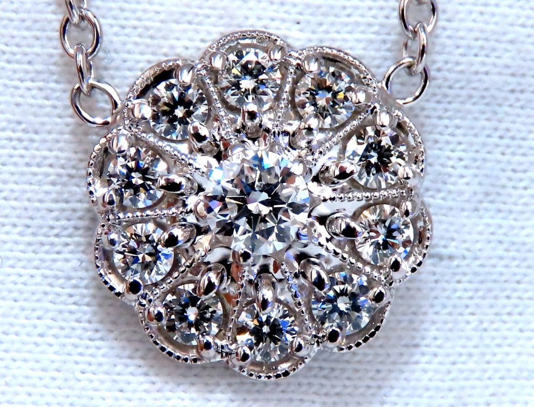 .94ct natural diamonds halo cluster necklace 14kt Edwardian Deco**: Title: .94ct natural diamonds halo cluster necklace 14kt Edwardian Deco** Description: Halo diamond cluster .94ct. Total Natural diamonds necklace .30ct. Center diamond .64ct Side Diamonds G-color