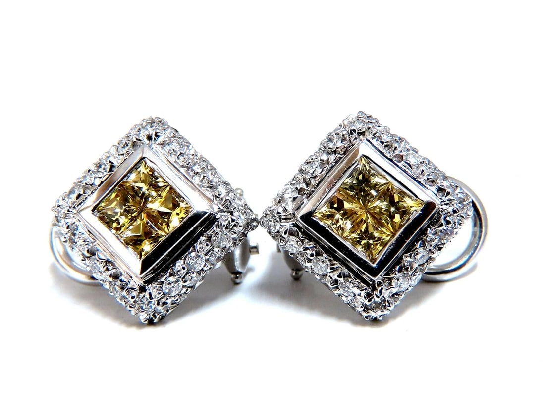 1.90ct Natural Canary Yellow Sapphire Diamond Clip Earrings 18 Karat Omega**: Title: 1.90ct Natural Canary Yellow Sapphire Diamond Clip Earrings 18 Karat Omega** Description: 1.10ct. Natural yellow sapphires & .80ct. Diamond stud earrings. Modern Deco Sapphires: Princess cut,