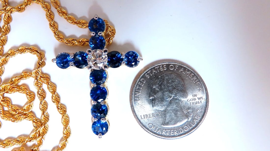 GIA Certified 1.00ct Natural Round Diamond Sapphire Cross Necklace 14kt** - 2