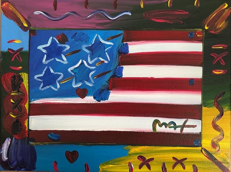 Peter Max Original Canvas Acrylic Painting HAND Painted & Signed Flag With Heart One-of-a-kind (1 of 7)