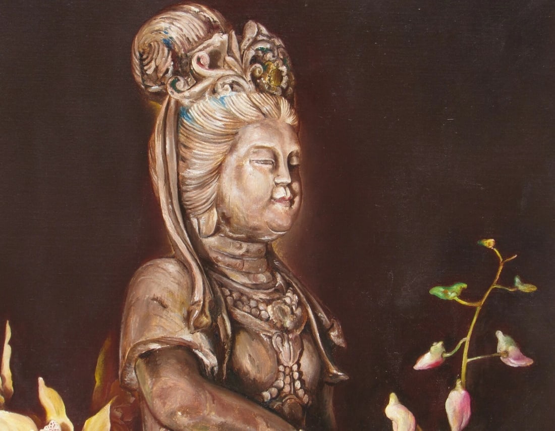 ENRIQUE SENIS OLIVER Goddess Quan Yin with Flowers 1989 oil painting - 11