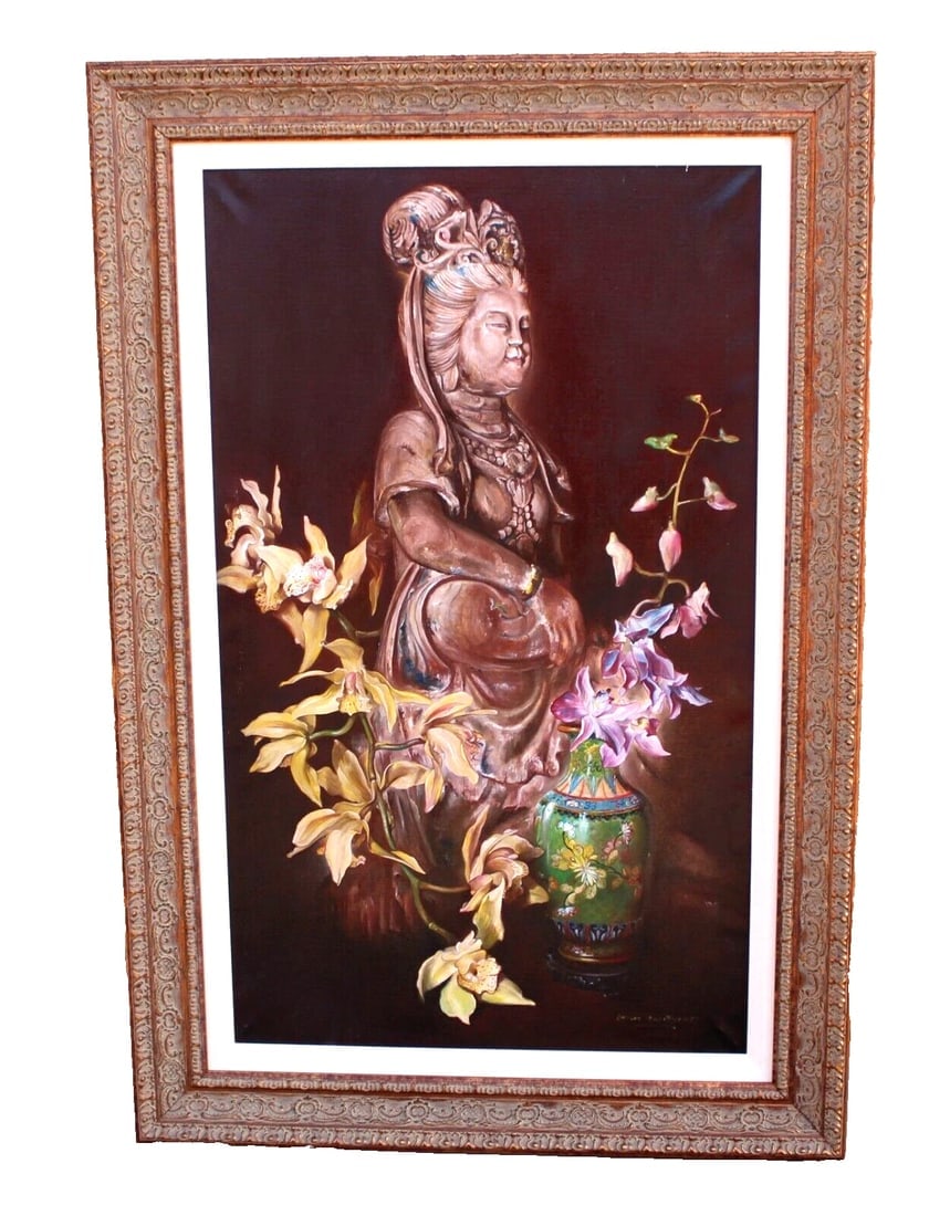 ENRIQUE SENIS OLIVER Goddess Quan Yin with Flowers 1989 oil painting - 2