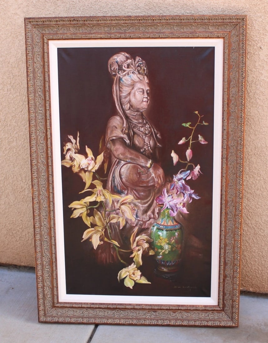 ENRIQUE SENIS OLIVER Goddess Quan Yin with Flowers 1989 oil painting - 3