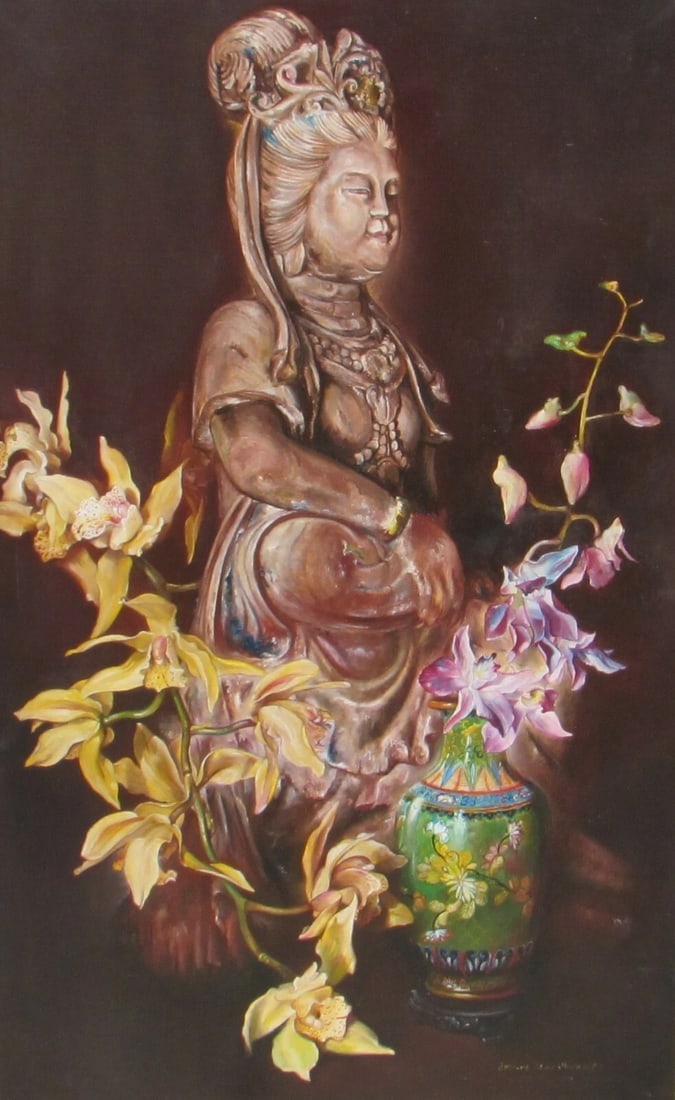 ENRIQUE SENIS OLIVER Goddess Quan Yin with Flowers 1989 oil painting - 4