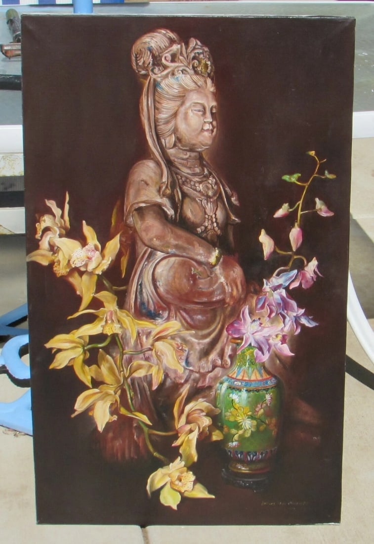 ENRIQUE SENIS OLIVER Goddess Quan Yin with Flowers 1989 oil painting - 5