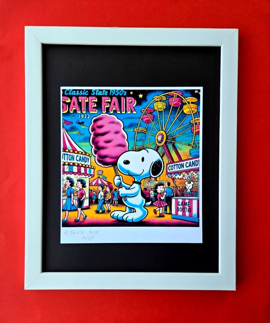 AIDAN FLUX | Hand Signed Authentic Print Framed SNOOPY AT THE STATE FAIR COA: This is a one-of-a-kind Hand Signed Authentic Giclee by AIDAN FLUX. From his Series "American Icons" The print is 8x8in., measuring framed 16 inches in height and 12 inches in width, it comes framed