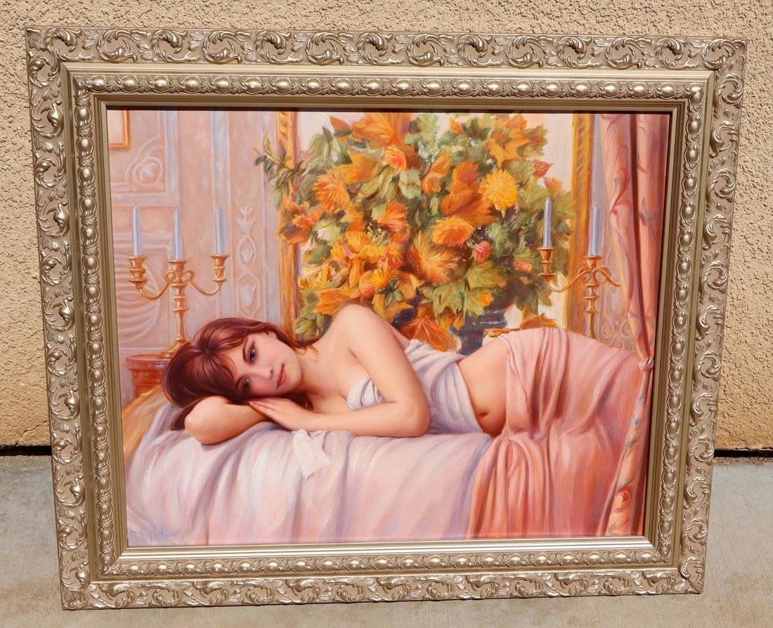 ANATOLY PETKEVICH ORIGINAL oil painting Woman in Her Boudoir Resting by Flowers - 3
