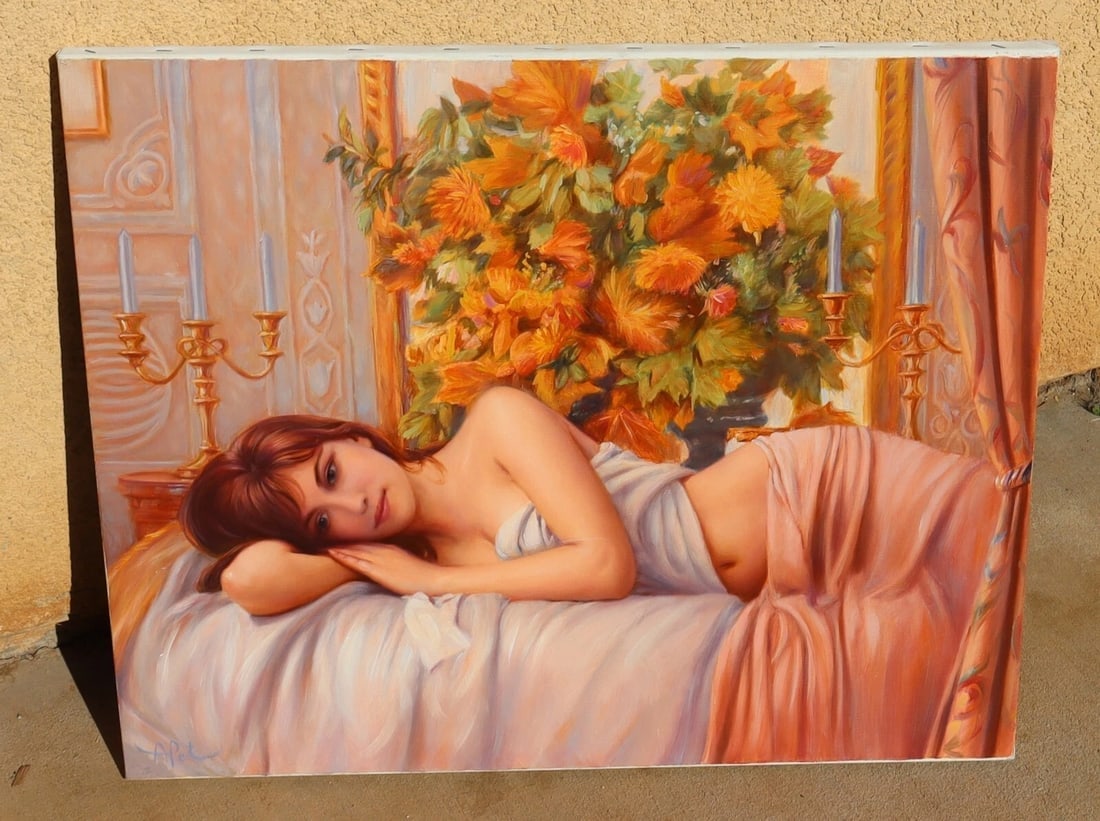 ANATOLY PETKEVICH ORIGINAL oil painting Woman in Her Boudoir Resting by Flowers - 4