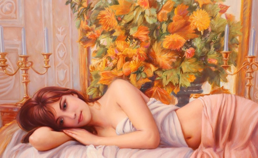 ANATOLY PETKEVICH ORIGINAL oil painting Woman in Her Boudoir Resting by Flowers - 5