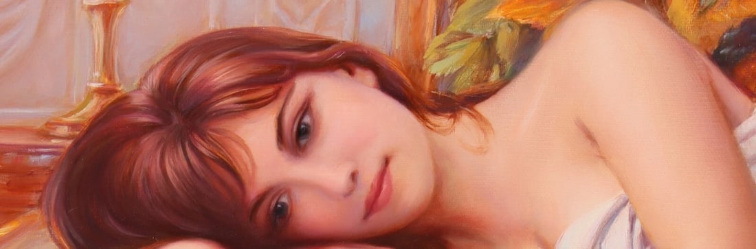 ANATOLY PETKEVICH ORIGINAL oil painting Woman in Her Boudoir Resting by Flowers - 6
