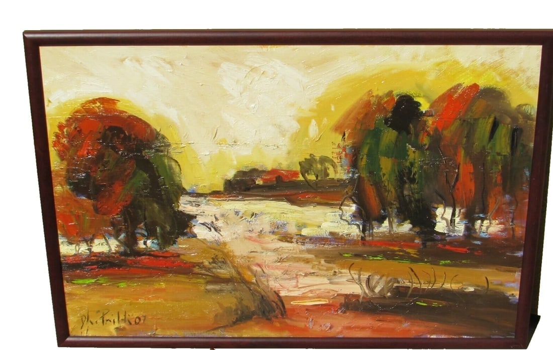 Mystery Artist Contemporary Modern Fauvist Landscape with House and Trees: Title:Mystery Artist Contemporary Modern Fauvist Landscape with House and Trees Description:Mystery Artist Contemporary Modern Fauvist Landscape with House and Trees, 24-1/4" x 35-1/4" (framed size: 2