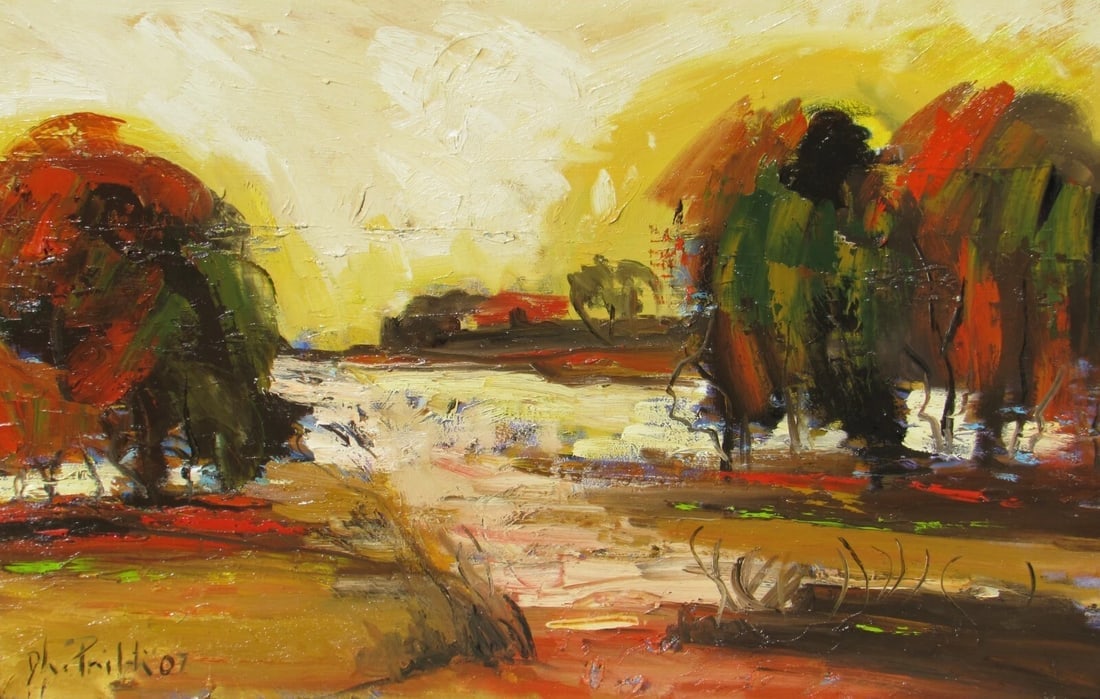Mystery Artist Contemporary Modern Fauvist Landscape with House and Trees - 3