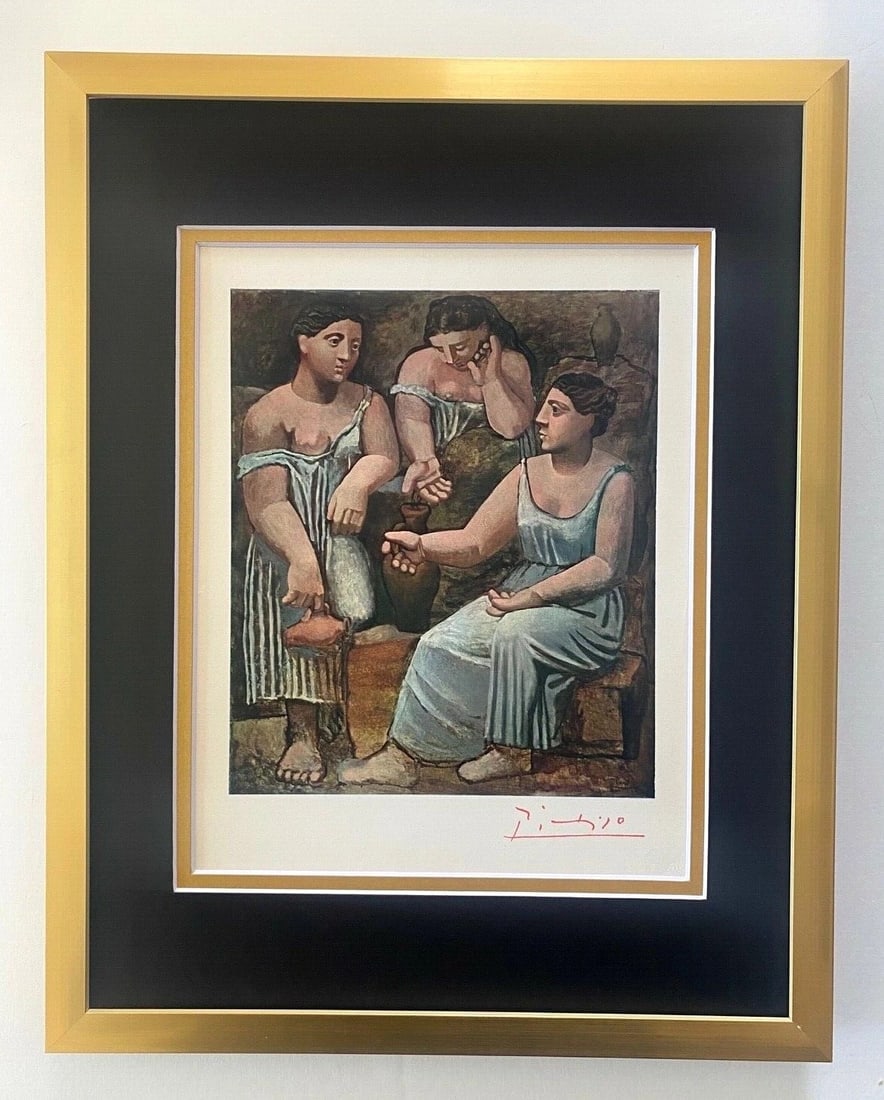 PABLO PICASSO 1948 BEAUTIFUL SIGNED PRINT FRAMED ART: This is a Beautiful and Scarce 1948 Print After PABLO PICASSO " GIRLS AT THE FOUNTAIN " FACSIMILE SIGNED IN RED INK Professionally Double Matted to be Framed at Home on your Favorite 11 x 14 Printed i