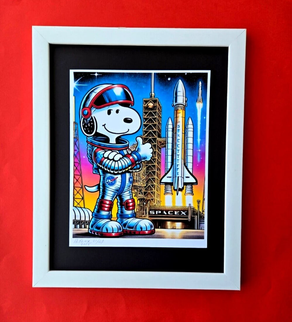 AIDAN FLUX | Hand Signed Authentic Print Framed SNOOPY WORKS AT SPACEX COA: This is a one-of-a-kind Hand Signed Authentic Giclee by AIDAN FLUX. From his Series "American Icons" The print is 8x8in., measuring framed 16 inches in height and 12 inches in width, it comes framed