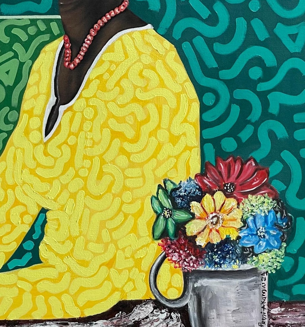 Oluwafemi Akanmu, Feminism - 21st Century, Contemporary, Figurative Portrait, Women with Flowers, - 5