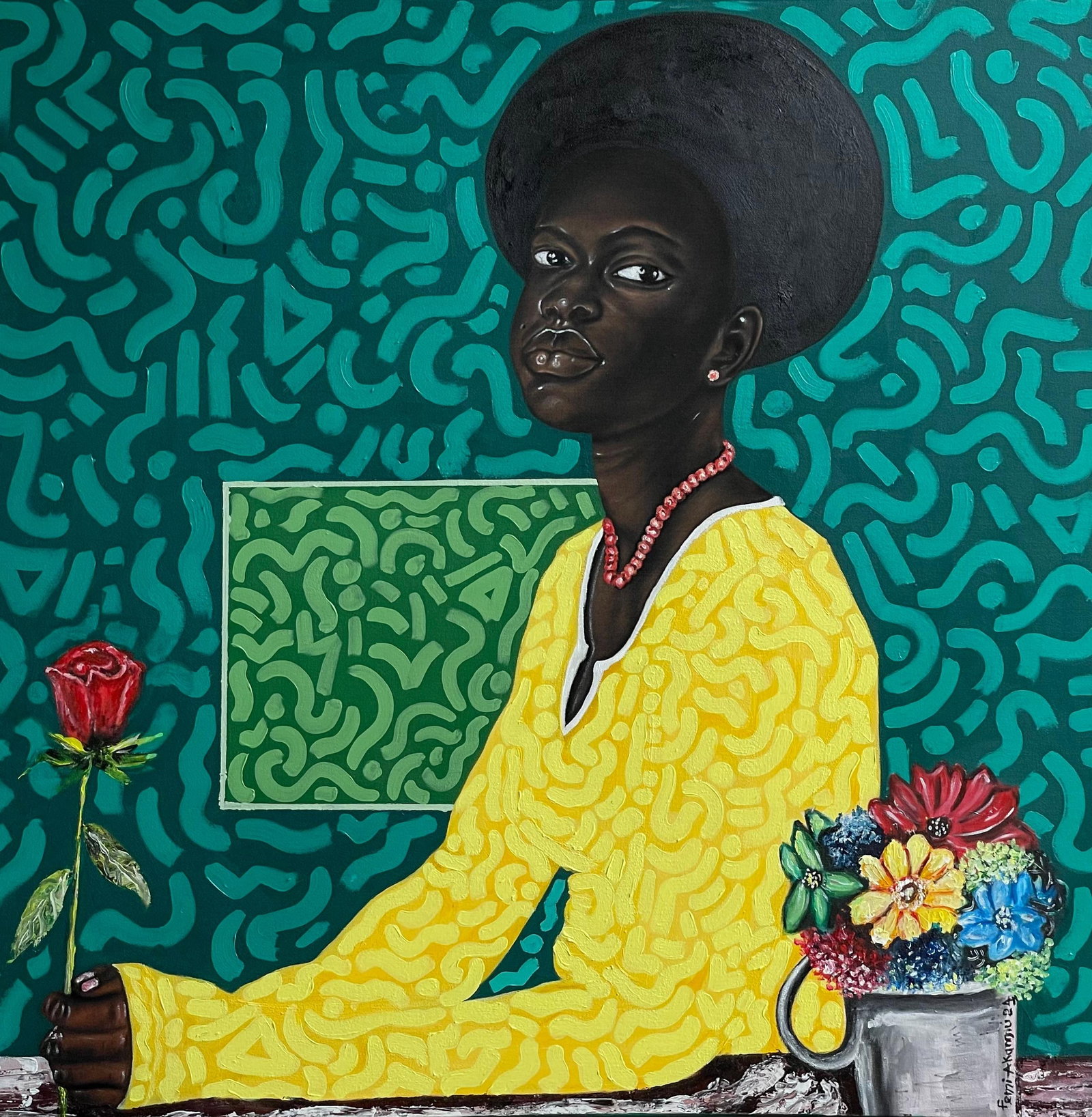 Oluwafemi Akanmu, Feminism - 21st Century, Contemporary, Figurative Portrait, Women with Flowers, - 7
