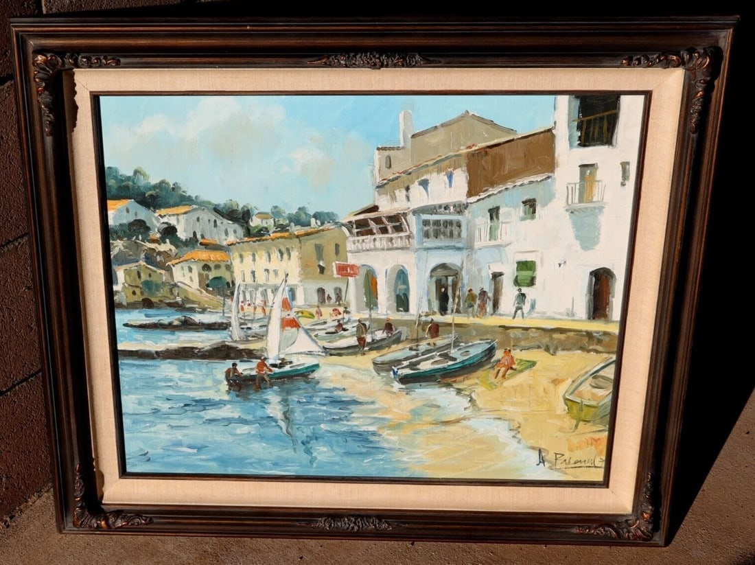Mid Century European Village By the Sea with Figures & Sailboats By Pascual: Title:Mid Century European Village By the Sea with Figures & Sailboats By Pascual Description:Pascual. Mid Century European Village by the Sea with Figures and Sailboats, 20" x 24" oil on canvas