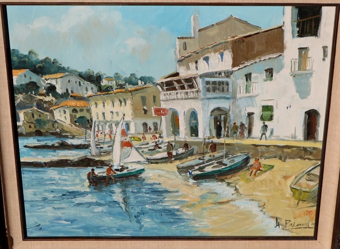 Mid Century European Village By the Sea with Figures & Sailboats By Pascual - 3