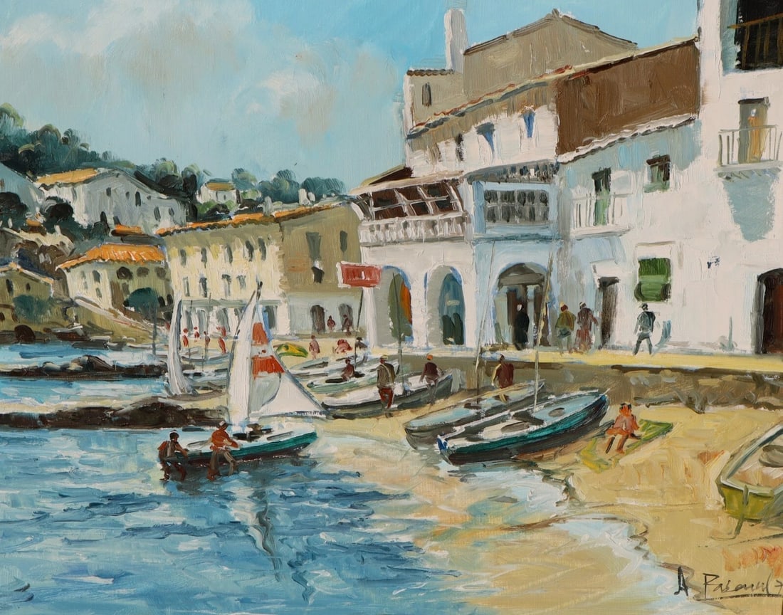 Mid Century European Village By the Sea with Figures & Sailboats By Pascual - 4