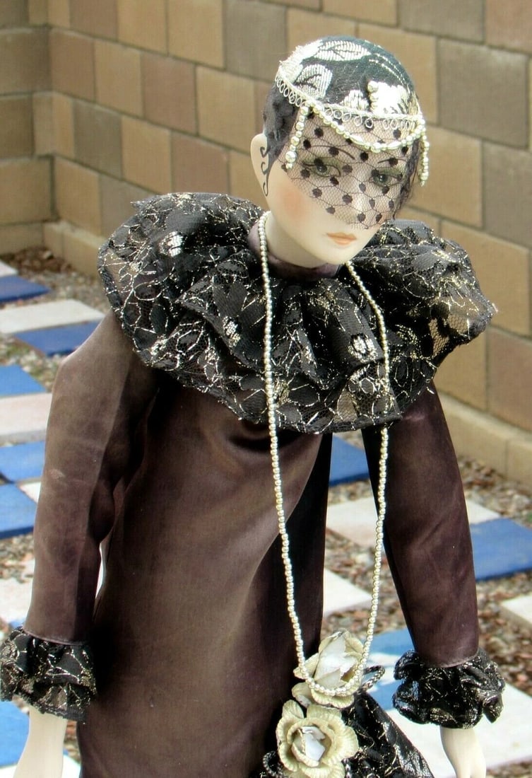 20s Flapper Style 27" Cloth Doll ceramic face, hands, feet comes with stand - 3