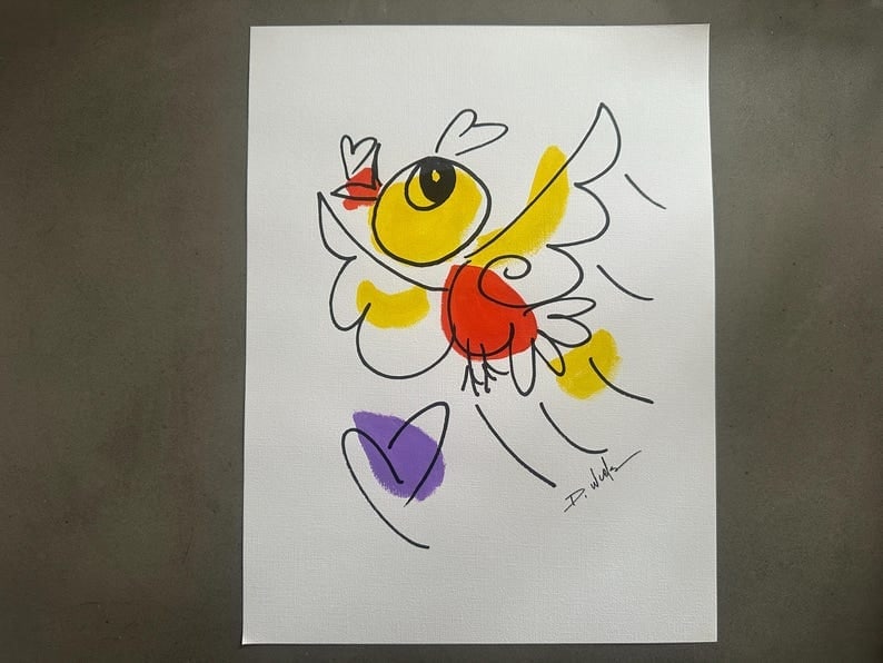 Miami Florida local artist HAND PAINTED Acrylic Painting simple yellow bird and heart fun original (1 of 1)