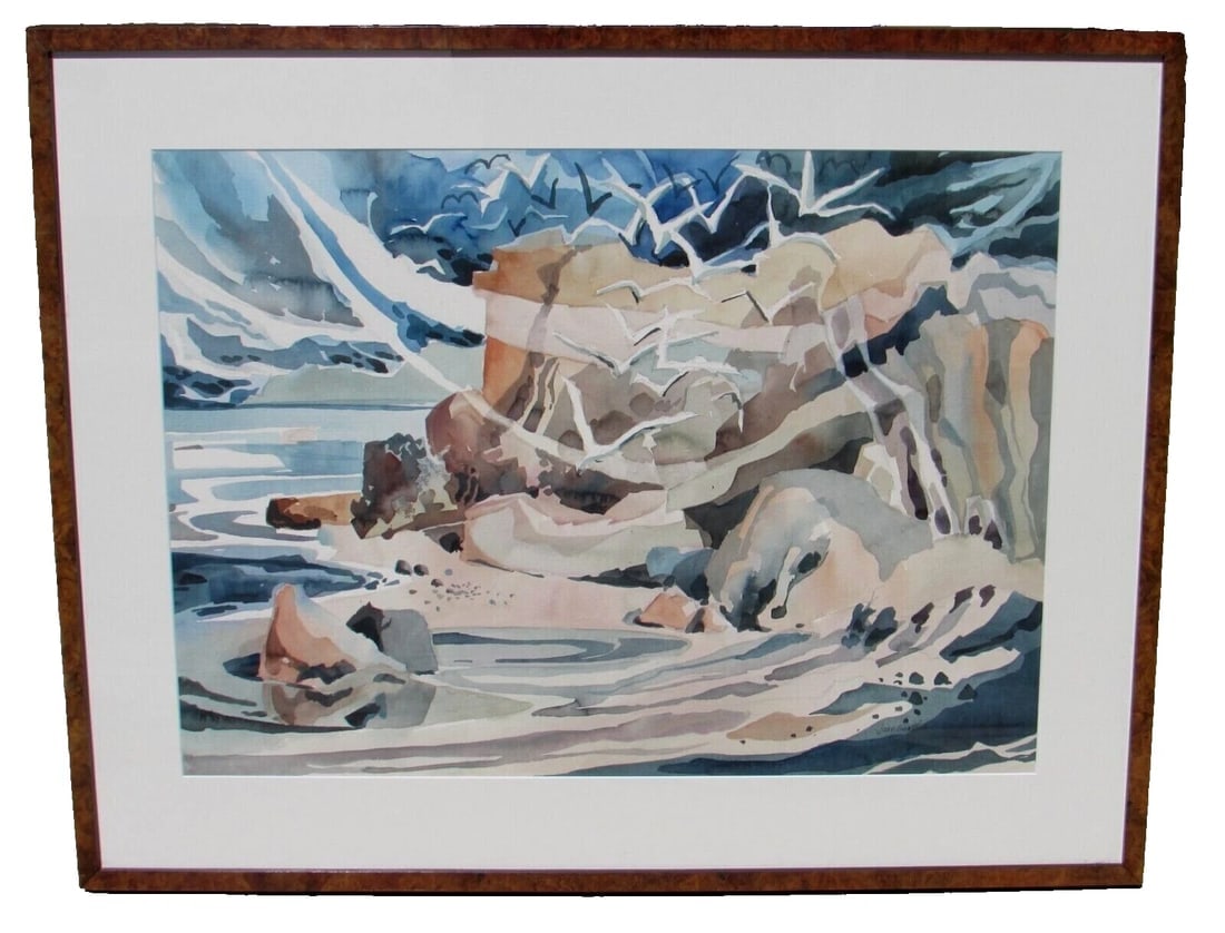 JOAN GUNTHER California Watercolor Seagulls by a Rocky Beach - 2