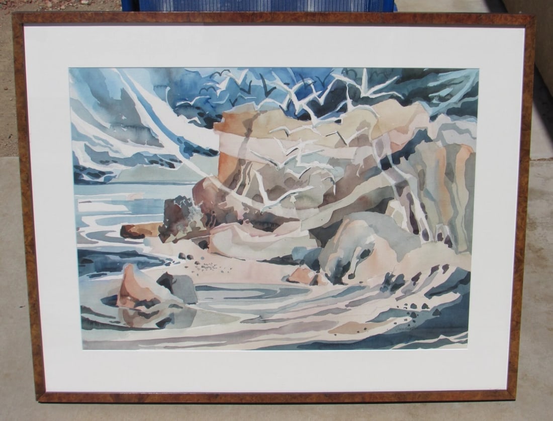 JOAN GUNTHER California Watercolor Seagulls by a Rocky Beach - 3