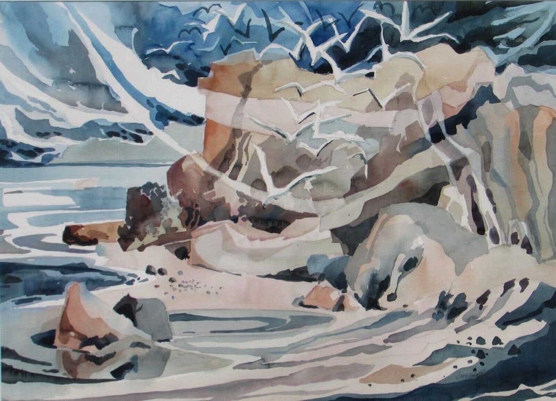 JOAN GUNTHER California Watercolor Seagulls by a Rocky Beach - 4
