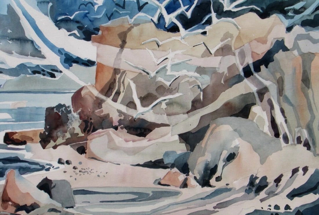 JOAN GUNTHER California Watercolor Seagulls by a Rocky Beach - 5