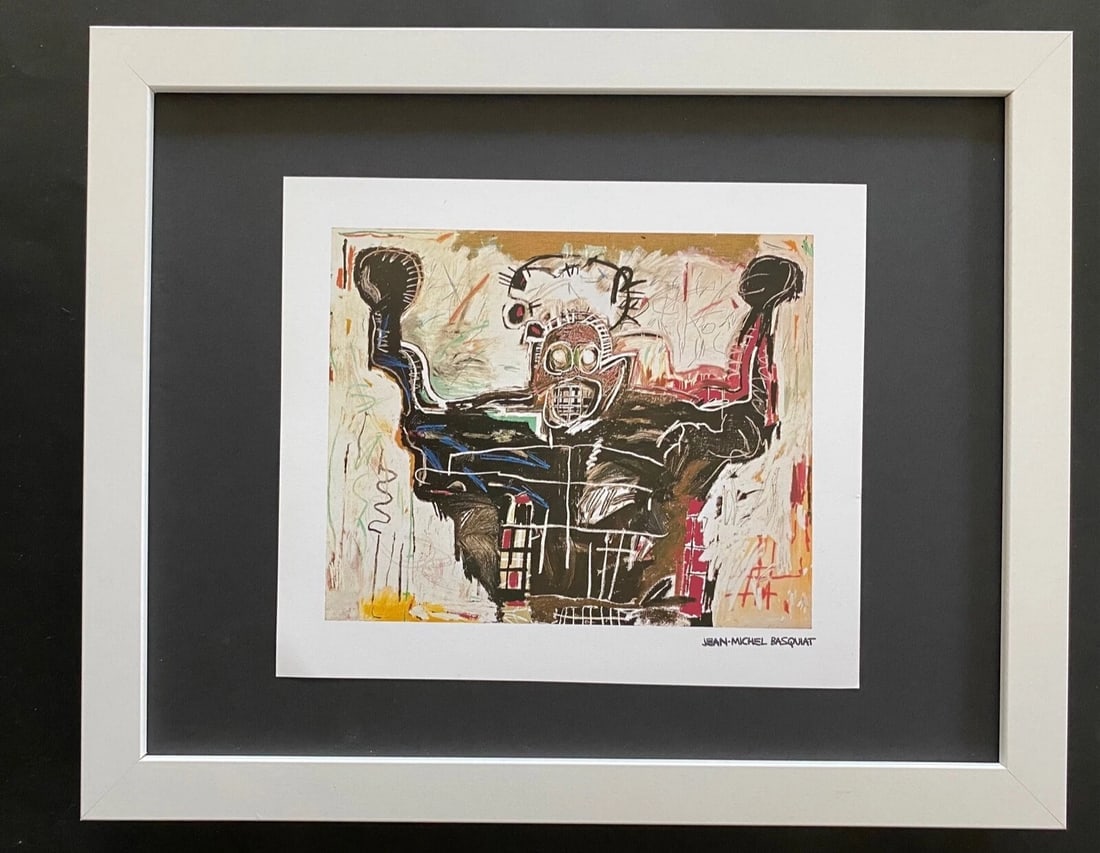 JEAN MICHEL BASQUIAT | SIGNED PRINT | MOUNTED IN NEW FRAME | READY FOR DISPLAY!: JEAN MICHEL BASQUIAT 1980'S VINTAGE PRINT FACSIMILE SIGNED IN INK JEAN MICHEL BASQUIAT HIGH QUALITY PLATE MEASURE IS ABOUT 10X8 IN VERY GOOD CONDITION WITH EXPECTED HANDLING, CREASING AND TONING FOR