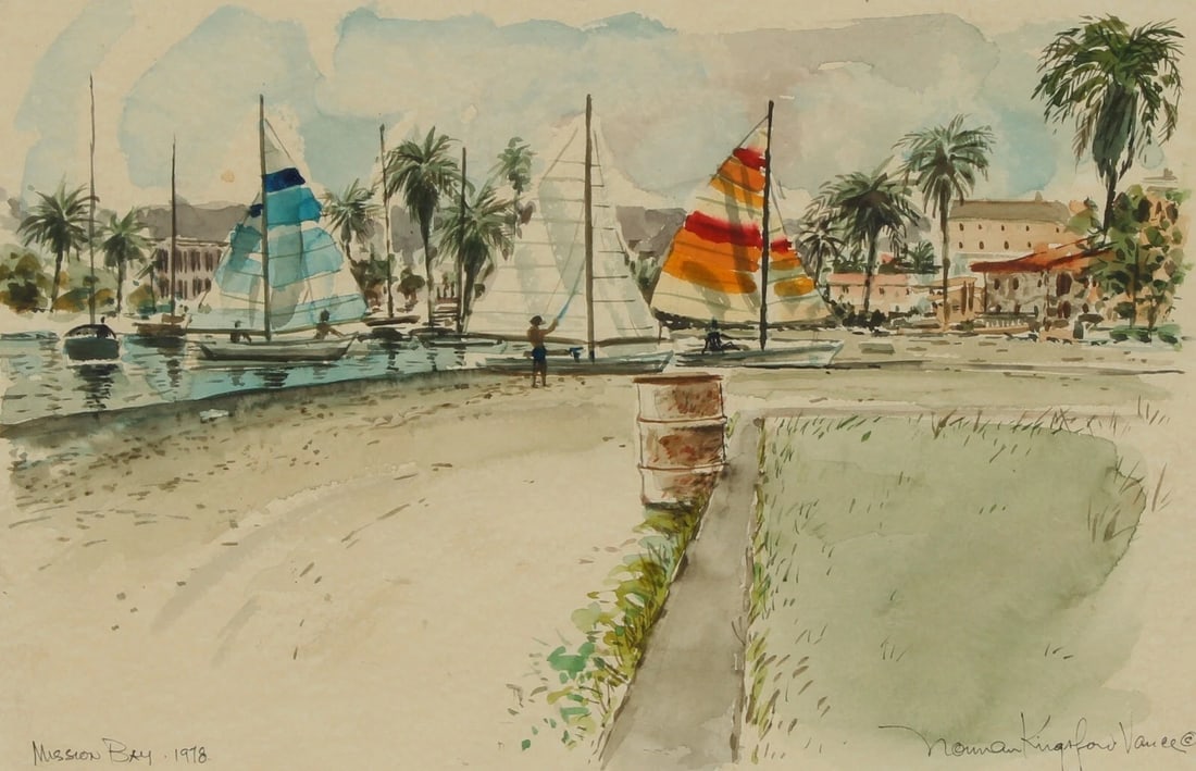 NORMAN KINGSFORD VANCE Mission Bay Sailboats San Diego 1978 FRAMED watercolor: Title:NORMAN KINGSFORD VANCE Mission Bay Sailboats San Diego 1978 FRAMED watercolor Description:NORMAN KINGSFORD VANCE (1930-2013). FRAMED WATERCOLOR. Mission Bay, 1978, 12" x 17-1/2" sight size