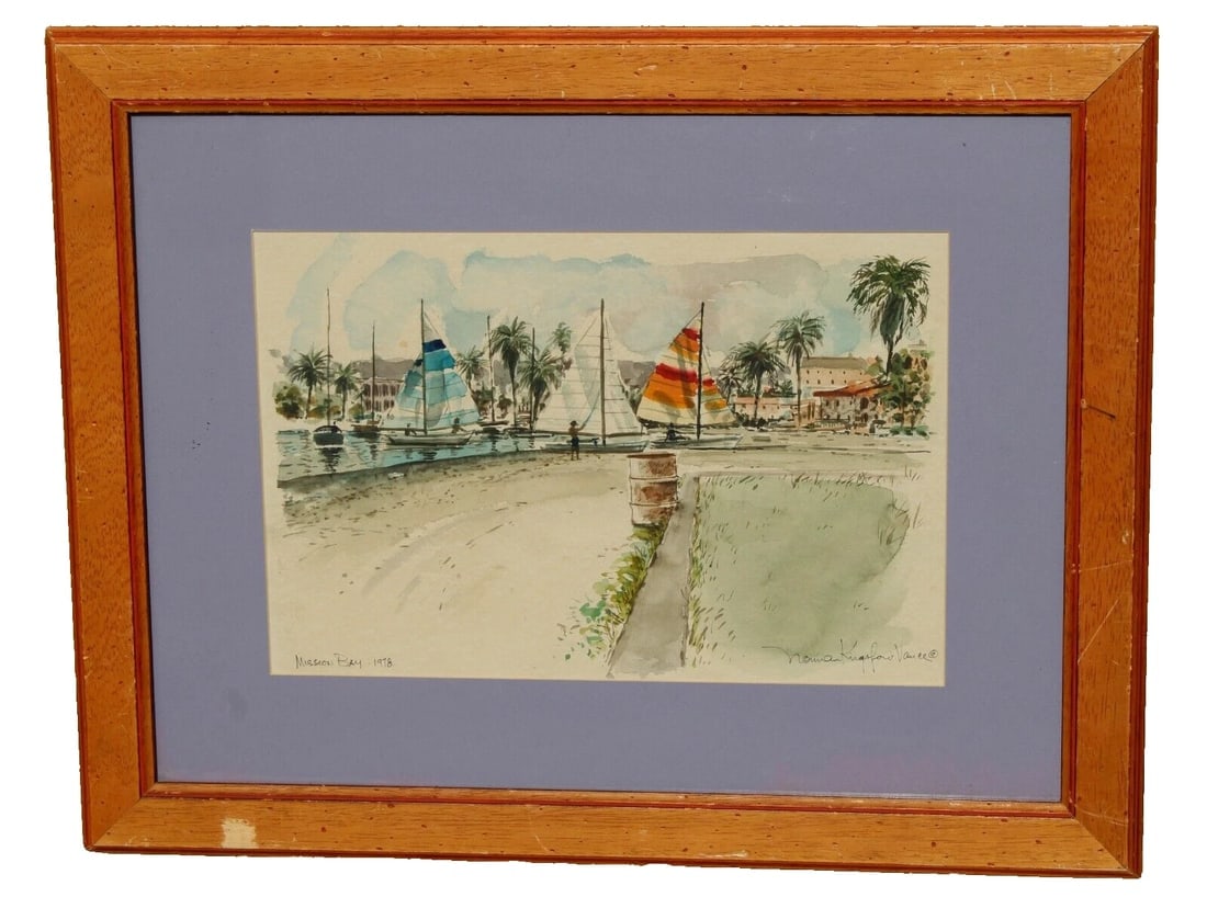 NORMAN KINGSFORD VANCE Mission Bay Sailboats San Diego 1978 FRAMED watercolor - 3